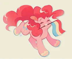 Size: 2239x1831 | Tagged: safe, artist:leapinglambs, derpibooru import, pinkie pie, earth pony, pony, colored hooves, eyes closed, female, flag, hooves, image, jpeg, mouth hold, mouthpiece, pansexual pride flag, pride, pride flag, running, simple background, smiling, solo, solo female, tan background, teeth