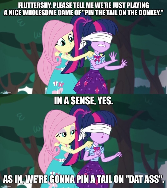 Size: 888x998 | Tagged: suggestive, derpibooru import, edit, edited screencap, screencap, fluttershy, sci-twi, twilight sparkle, equestria girls, equestria girls series, stressed in show, blindfold, caption, image, image macro, jpeg, text