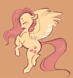 Size: 697x745 | Tagged: safe, artist:leapinglambs, derpibooru import, fluttershy, pegasus, pony, 2018, bipedal, brown background, cutie mark, eyes closed, female, image, jpeg, side view, simple background, smiling, solo, solo female