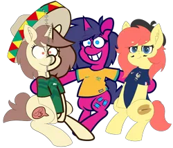 Size: 4432x3792 | Tagged: safe, artist:threetwotwo32232, artist:yelowcrom, derpibooru import, oc, oc:brushie, oc:fizzy pop, oc:hymyt, unofficial characters only, earth pony, pony, unicorn, derpibooru community collaboration, 2023 community collab, earth pony oc, female, horn, image, mare, png, simple background, transparent background, unicorn oc