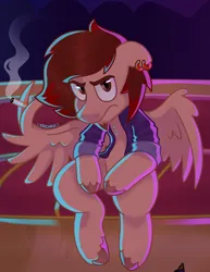 Size: 3170x4096 | Tagged: suggestive, artist:erichkaofficial, derpibooru import, oc, pegasus, pony, bar, cigarette, couch, ear piercing, earring, image, jewelry, jpeg, looking at you, pegasus oc, piercing, sitting, smoking, wing hold, wings