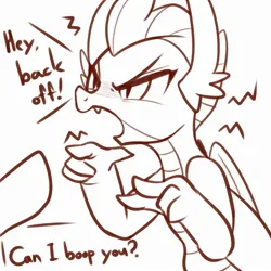 Size: 2400x2400 | Tagged: safe, artist:maren, derpibooru import, smolder, dragon, pony, 2019, angry, boop, dialogue, doodle, female, image, jpeg, monochrome, offscreen character, old art, open mouth, smoldere, tsundere