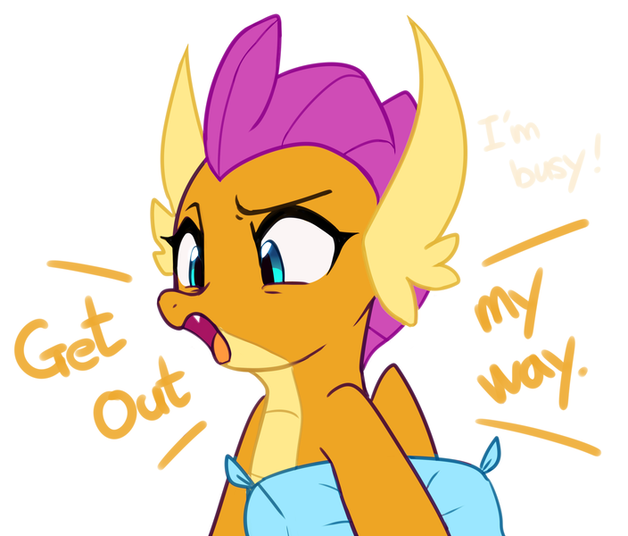 Size: 3200x2726 | Tagged: safe, artist:maren, derpibooru import, smolder, dragon, 2020, annoyed, bust, dialogue, female, high res, image, old art, open mouth, pillow, png, simple background, solo, white background
