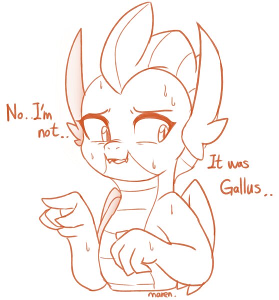Size: 3157x3393 | Tagged: safe, artist:maren, derpibooru import, smolder, dragon, 2020, bust, dialogue, doodle, embarrassed, female, high res, image, jpeg, monochrome, old art, pointing, simple background, solo, sweat, white background