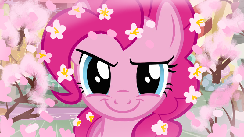 Size: 1280x720 | Tagged: safe, derpibooru import, edit, edited screencap, editor:horsesplease, screencap, pinkie pie, dryad, earth pony, original species, plant pony, pony, tree pony, a friend in deed, season 2, adorabolical, bloom, cherry blossoms, close-up, cute, evil grin, flower, flower blossom, flower in hair, grin, image, looking at you, pink, plant, png, sakura pie, smiling, smiling at you, smirk, solo, tree