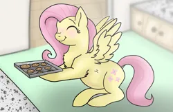Size: 1401x916 | Tagged: safe, artist:frostedsketch13, derpibooru import, fluttershy, pegasus, pony, baking, chest fluff, cookie, eyes closed, female, food, image, kitchen, png, pregnant, sensibly-proportioned pregnancy, smiling, solo