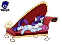 Size: 4154x3000 | Tagged: safe, alternate version, artist:damlanil, derpibooru import, rarity, pony, unicorn, bedroom eyes, clothes, couch, cute, eyeshadow, fainting couch, female, grin, horn, image, looking at you, lying down, makeup, mare, pillow, png, raribetes, show accurate, simple background, smiling, socks, solo, striped socks, transparent background, underhoof, vector