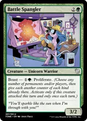 Size: 375x523 | Tagged: safe, artist:andypriceart, derpibooru import, edit, izzy moonbow, unicorn, spoiler:g5comic08, ccg, clothes, fabric, g5, glitter, glue, goggles, hard hat, hat, hoof gloves, image, magic the gathering, png, safety goggles, trading card, trading card edit