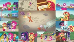 Size: 1280x721 | Tagged: safe, derpibooru import, editor:quoterific, pinkie pie, sci-twi, sunset shimmer, twilight sparkle, equestria girls, equestria girls series, x marks the spot, decoder ring, image, png