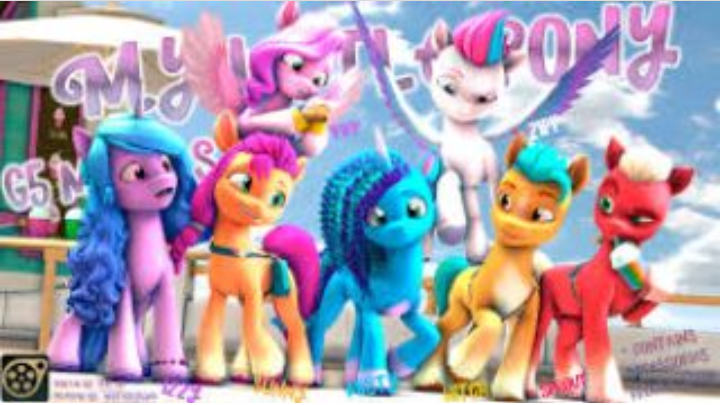 Size: 720x405 | Tagged: safe, artist:whiteskyline, derpibooru import, hitch trailblazer, izzy moonbow, pipp petals, sprout cloverleaf, sunny starscout, zipp storm, earth pony, pegasus, pony, unicorn, g5, bad quality, group, image, misty brightdawn, png