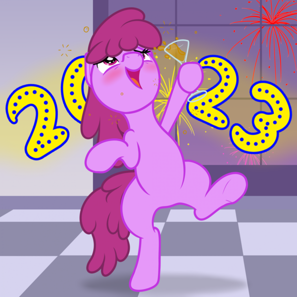 Size: 1919x1919 | Tagged: safe, alternate version, artist:nitei, derpibooru import, berry punch, berryshine, earth pony, pony, 2023, alcohol, bipedal, blushing, cute, drunk, featureless crotch, female, fireworks, glass, happy new year, holiday, image, looking up, mare, open mouth, open smile, png, smiling, solo, spilling, standing, standing on one leg
