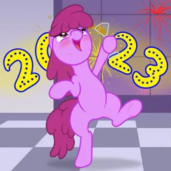 Size: 1919x1919 | Tagged: safe, alternate version, artist:nitei, derpibooru import, berry punch, berryshine, earth pony, pony, 2023, alcohol, bipedal, blushing, cute, drunk, featureless crotch, female, fireworks, glass, happy new year, holiday, image, looking up, mare, open mouth, open smile, png, smiling, solo, spilling, standing, standing on one leg
