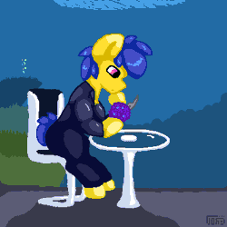 Size: 400x400 | Tagged: safe, artist:vohd, derpibooru import, oc, oc:vohd, unofficial characters only, earth pony, pony, animated, chair, diving suit, food, gif, image, monster, ocean, pixel art, sitting, subnautica, table, thinking, underwater, water