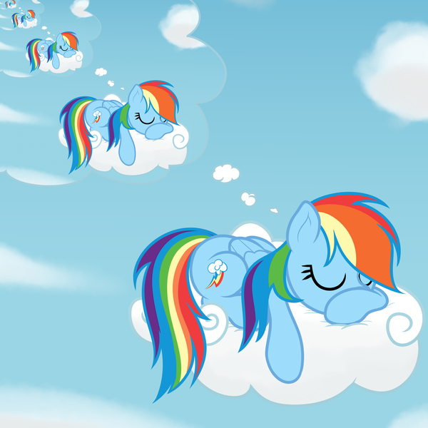 Size: 2000x2000 | Tagged: safe, artist:nitei, derpibooru import, rainbow dash, pegasus, pony, atg 2022, cloud, dream, droste effect, eyes closed, female, high res, image, inception, lying down, mare, newbie artist training grounds, on a cloud, png, prone, recursion, show accurate, sleeping, sleeping on a cloud, sleepydash, solo, thought bubble