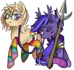 Size: 1140x1080 | Tagged: safe, artist:metaruscarlet, derpibooru import, oc, oc:lulubell, oc:night watch, bat pony, pony, unicorn, derpibooru community collaboration, 2023 community collab, annoyed, armor, bat pony oc, bat wings, bedroom eyes, blood, blood on face, bracelet, clothes, cross-popping veins, drinking, drinking straw, duo, emanata, eyeshadow, female, freckles, glass, glasses, hoof shoes, image, jewelry, makeup, mare, one eye closed, png, rainbow socks, raised hoof, raised leg, simple background, sitting, socks, spear, striped socks, transparent background, tube, weapon, wine glass, wings, wink