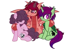 Size: 3000x2000 | Tagged: safe, artist:mxmx fw, derpibooru import, oc, oc:flare blaze, oc:midnight ray, oc:stripe, bat pony, bat pony unicorn, dracony, dragon, hybrid, pegasus, pony, unicorn, derpibooru community collaboration, 2023 community collab, bat wings, claws, curly hair, disguise, disguised siren, emo, female, horn, horns, image, looking at you, male, png, show accurate, sitting, smiling, smiling at you, wings