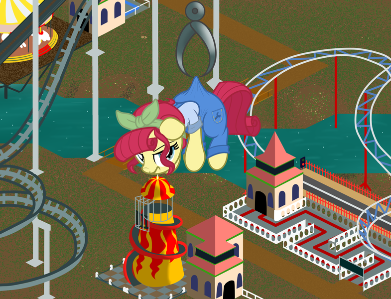 Size: 2000x1528 | Tagged: safe, artist:nitei, derpibooru import, torque wrench, earth pony, pony, amusement park, atg 2022, bandana, bridge, claw, clothes, crossover, dangling, female, frown, game mechanics, hanging, image, mare, mechanic, merry-go-round, newbie artist training grounds, overalls, path, png, river, roller coaster, rollercoaster tycoon, rollercoaster tycoon 2, shirt, show accurate, slide, solo, suspended, torque wrench is not amused, unamused, video game crossover, water