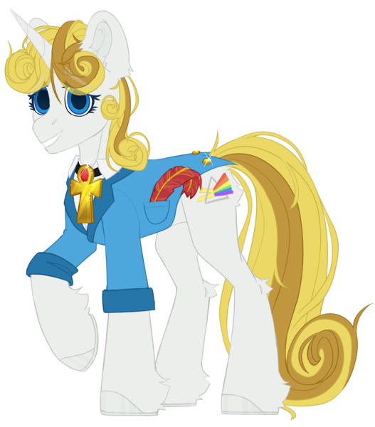 Size: 2194x2500 | Tagged: safe, artist:medkit, derpibooru import, oc, oc:guiding light, unofficial characters only, pony, unicorn, derpibooru community collaboration, 2023 community collab, big eyes, blue eyes, clothes, curly hair, cutie mark, ear fluff, eyes open, feather, female, fluffy, gem, gold, happy, high res, horn, horseshoes, image, jacket, jewelry, light dispersion, long tail, looking at you, mare, paint tool sai 2, pendant, png, pocket, rainbow, raised hoof, rolled up sleeves, ruby, shirt, short mane, simple background, sketch, smiling, solo, standing, tail, teeth, transparent background