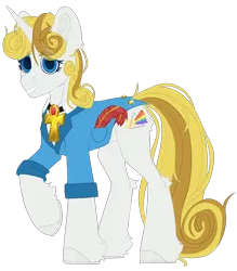 Size: 2194x2500 | Tagged: safe, artist:medkit, derpibooru import, oc, oc:guiding light, unofficial characters only, pony, unicorn, derpibooru community collaboration, 2023 community collab, big eyes, blue eyes, clothes, curly hair, cutie mark, ear fluff, eyes open, feather, female, fluffy, gem, gold, happy, high res, horn, horseshoes, image, jacket, jewelry, light dispersion, long tail, looking at you, mare, paint tool sai 2, pendant, png, pocket, rainbow, raised hoof, rolled up sleeves, ruby, shirt, short mane, simple background, sketch, smiling, solo, standing, tail, teeth, transparent background
