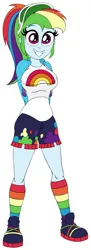 Size: 700x1920 | Tagged: safe, artist:roseluck, derpibooru import, rainbow dash, human, equestria girls, alternate hairstyle, arm behind back, big breasts, breasts, busty rainbow dash, cap, clothes, colored sketch, derpibooru exclusive, female, full body, grin, hat, image, jacket, kneesocks, looking at you, music festival outfit, open mouth, open smile, png, ponytail, rainbow socks, shirt, shoes, shorts, simple background, smiling, smiling at you, sneakers, socks, solo, standing, striped socks, t-shirt, three quarter view, visor, visor cap, white background