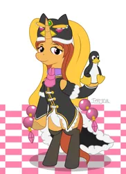 Size: 1441x1981 | Tagged: safe, artist:terminalhash, derpibooru import, oc, oc:himari takakura, ponified, bird, penguin, pony, unicorn, bipedal, clothes, hat, image, linux, png, simple background, smiling, smirk, socks, solo, stockings, thigh highs, tux, vector