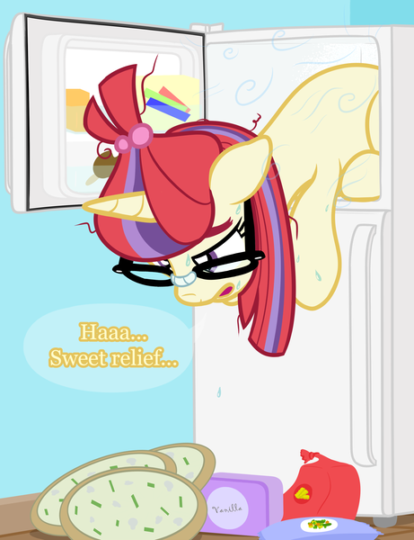 Size: 1442x1878 | Tagged: safe, artist:nitei, derpibooru import, moondancer, pony, unicorn, atg 2022, bag, cooling, dangling, dialogue, female, food, freezer, french fries, frozen food, glasses, hay fries, hot, ice cream, ice cream tub, image, lying down, mare, newbie artist training grounds, open mouth, pizza, png, pony in fridge, prone, refrigerator, relief, show accurate, solo, speech bubble, sweat, vegetables
