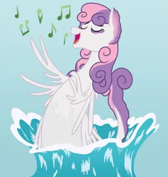 Size: 1775x1875 | Tagged: safe, artist:nitei, derpibooru import, sweetie belle, kelpie, eyes closed, female, image, kelpiefied, music notes, open mouth, open smile, png, show accurate, singing, smiling, solo, species swap, splash, water