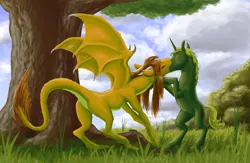Size: 1000x650 | Tagged: suggestive, artist:adeptus-monitus, derpibooru import, edit, oc, unofficial characters only, dragon, pony, unicorn, duo, forest, grass, image, kissing, png, tree