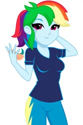Size: 859x1283 | Tagged: safe, artist:rosemile mulberry, derpibooru import, rainbow dash, equestria girls, arm behind head, clothes, female, image, jewelry, looking at you, png, ring, shirt, simple background, solo, t-shirt, uniform, white background, wonderbolts uniform
