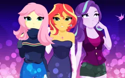 Size: 1928x1200 | Tagged: safe, artist:rosemile mulberry, derpibooru import, fluttershy, starlight glimmer, sunset shimmer, equestria girls, abstract background, breasts, cleavage, clothes, ear piercing, earring, female, gradient background, image, jewelry, looking at you, looking away, looking up, necklace, piercing, png, smiling, sweater, turtleneck