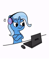 Size: 624x749 | Tagged: safe, derpibooru import, trixie, pony, unicorn, computer, cross-popping veins, emanata, female, headphones, image, jpeg, laptop computer, mare, simple background, solo, white background