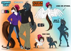 Size: 1600x1139 | Tagged: safe, artist:sunny way, derpibooru import, oc, oc:steven saidon, oc:sunny way, unofficial characters only, anthro, horse, pegasus, pony, unicorn, art, artwork, clothes, digital art, female, gradient background, image, male, mare, nudity, png, reference, reference sheet, smiling, stallion