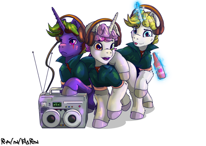 Size: 3508x2480 | Tagged: safe, artist:rainihorn, derpibooru import, oc, oc:15, oc:garik dash, oc:lollipop, unofficial characters only, unicorn, derpibooru community collaboration, 2023 community collab, boombox, cider, clothes, group sex, headphones, hooves, image, jacket, not gay, open mouth, png, scar, sex, simple background, threesome, tongue out, transparent background, tuxedo