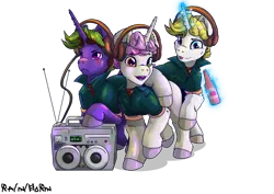 Size: 3508x2480 | Tagged: safe, artist:rainihorn, derpibooru import, oc, oc:15, oc:garik dash, oc:lollipop, unofficial characters only, unicorn, derpibooru community collaboration, 2023 community collab, boombox, cider, clothes, group sex, headphones, hooves, image, jacket, not gay, open mouth, png, scar, sex, simple background, threesome, tongue out, transparent background, tuxedo