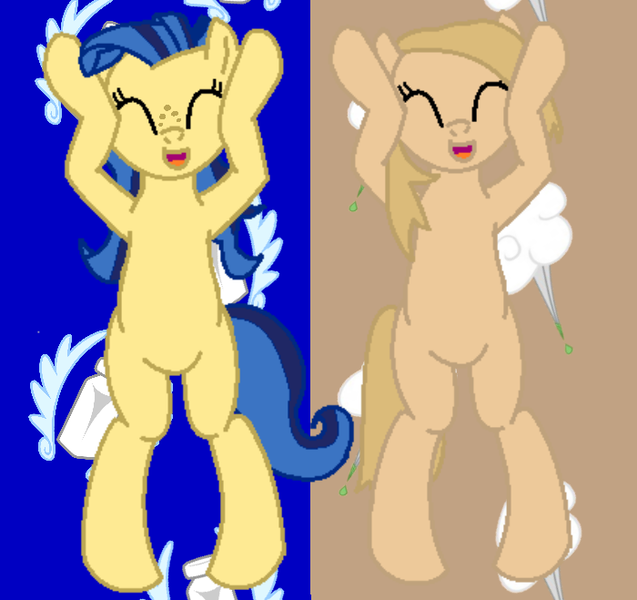 Size: 700x659 | Tagged: safe, artist:pagiepoppie12345, derpibooru import, oc, oc:backy, oc:milky way, unofficial characters only, earth pony, pony, bipedal, bottle, caramelldansen, cutie mark background, dancing, duo, eyes closed, female, freckles, image, mare, png, smiling