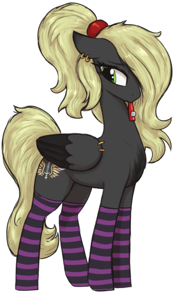 Size: 1398x2310 | Tagged: safe, artist:t72b, derpibooru import, oc, oc:veen sundown, pegasus, pony, derpibooru community collaboration, 2023 community collab, blushing, clothes, ear piercing, earring, female, floppy ears, image, jewelry, kazoo, mare, mouth hold, musical instrument, piercing, png, shy, simple background, socks, solo, striped socks, sundown clan, transparent background, wing piercing, wings