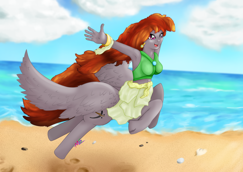 Size: 4960x3508 | Tagged: safe, artist:avacz, derpibooru import, oc, oc:funny jo, unofficial characters only, anthro, centaur, pony, taur, equestria girls, beach, bracelet, centaur oc, clothes, cloud, cloudy, cute, female, flowing hair, flowing mane, happy, heterochromia, image, jewelry, jumping, mare, ocean, png, scar, skirt, smiling, solo, spread wings, swimsuit, water, wings