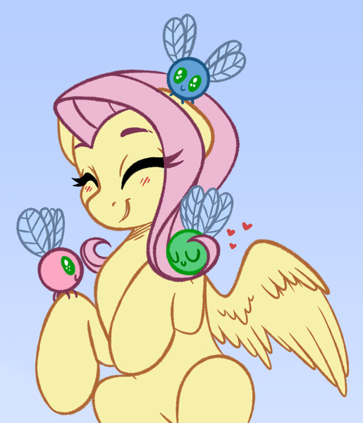 Size: 1590x1854 | Tagged: safe, artist:vetta, derpibooru import, fluttershy, parasprite, pegasus, pony, eyes closed, female, floating heart, heart, image, mare, png, simple background, smiling