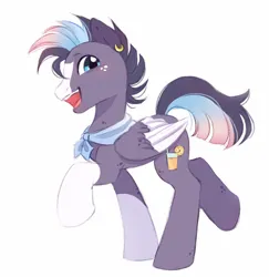 Size: 1030x1058 | Tagged: safe, artist:melodylibris, derpibooru import, oc, unofficial characters only, pegasus, pony, blaze (coat marking), coat markings, ear piercing, earring, facial markings, freckles, gradient mane, image, jewelry, jpeg, looking at you, male, open mouth, open smile, piercing, simple background, smiling, socks (coat marking), solo, stallion, white background