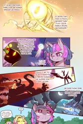Size: 960x1440 | Tagged: safe, artist:cold-blooded-twilight, derpibooru import, fluttershy, princess celestia, spike, twilight sparkle, cold blooded twilight, comic:cold storm, alternate design, clothes, comic, dialogue, glow, glowing eyes, image, magic, monster, png, robes, speech bubble