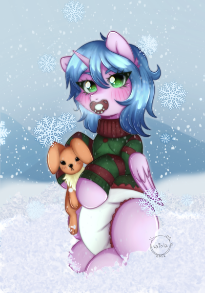 Size: 1640x2344 | Tagged: suggestive, artist:vaiola, derpibooru import, oc, unofficial characters only, alicorn, pony, big eyes, blushing, christmas, christmas sweater, clothes, cold, commission, cute, diaper, diaper fetish, eyebrows, fetish, full body, happy, holiday, horn, image, looking at you, mountain, non-baby in diaper, pacifier, plushie, png, snow, snowfall, snowflake, solo, sweater, tail, wings, winter, ych result, your character here