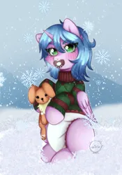 Size: 1640x2344 | Tagged: suggestive, artist:vaiola, derpibooru import, oc, unofficial characters only, alicorn, pony, big eyes, blushing, christmas, christmas sweater, clothes, cold, commission, cute, diaper, diaper fetish, eyebrows, fetish, full body, happy, holiday, horn, image, looking at you, mountain, non-baby in diaper, pacifier, plushie, png, snow, snowfall, snowflake, solo, sweater, tail, wings, winter, ych result, your character here