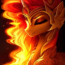 Size: 1920x1920 | Tagged: safe, derpibooru import, editor:mr-bat, machine learning generated, stable diffusion, daybreaker, alicorn, pony, armor, breastplate, crown, embers, eyes closed, female, fire, gold mane, horn, image, jewelry, mane of fire, mare, pleased, png, regalia, simple background, smiling, solo, solo female