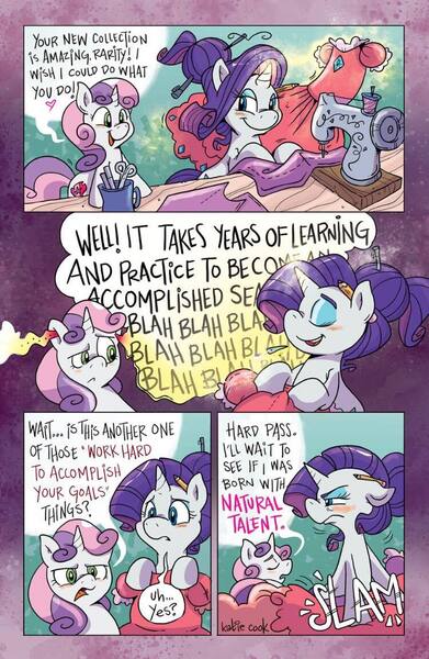 Size: 750x1152 | Tagged: safe, artist:katiecandraw, derpibooru import, idw, rarity, sweetie belle, pony, unicorn, spoiler:comic, spoiler:comic100, clothes, comic, cutie mark, dialogue, dress, duo, female, filly, foal, g4, glow, glowing horn, horn, image, jpeg, levitation, magic, mare, onomatopoeia, season 10, sewing, sewing machine, siblings, sisters, speech bubble, telekinesis, the cmc's cutie marks