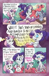 Size: 750x1152 | Tagged: safe, artist:katiecandraw, derpibooru import, idw, rarity, sweetie belle, pony, unicorn, spoiler:comic, spoiler:comic100, clothes, comic, cutie mark, dialogue, dress, duo, female, filly, foal, g4, glow, glowing horn, horn, image, jpeg, levitation, magic, mare, onomatopoeia, season 10, sewing, sewing machine, siblings, sisters, speech bubble, telekinesis, the cmc's cutie marks