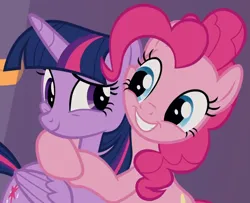 Size: 1102x895 | Tagged: safe, derpibooru import, screencap, pinkie pie, twilight sparkle, twilight sparkle (alicorn), alicorn, earth pony, pony, season 9, the summer sun setback, spoiler:s09, bipedal, cropped, cute, diapinkes, duo, duo female, female, happy, hug, image, mare, png, smiling, twiabetes