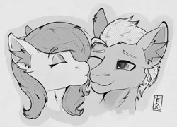 Size: 1681x1211 | Tagged: safe, artist:levinerex, derpibooru import, oc, unofficial characters only, pony, black and white, bust, duo, ear fluff, grayscale, image, kissing, manga style, monochrome, png, portrait
