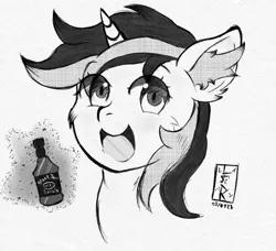 Size: 977x892 | Tagged: safe, derpibooru import, oc, oc:blackjack, pony, unicorn, fallout equestria, fallout equestria: project horizons, alcohol, black and white, bust, ear fluff, fanfic art, grayscale, image, manga style, monochrome, open mouth, open smile, png, portrait, smiling, solo, whiskey