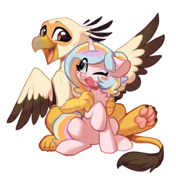 Size: 1273x1273 | Tagged: safe, artist:colorfulcolor233, artist:vistamage, derpibooru import, oc, oc:oofy colorful, oc:vistamage, unofficial characters only, gryphon, pony, unicorn, derpibooru community collaboration, 2023 community collab, couple, cute, derpibooru exclusive, duo, female, image, male, oc x oc, oofymage, open mouth, open smile, paw pads, png, shipping, simple background, smiling, straight, transparent background