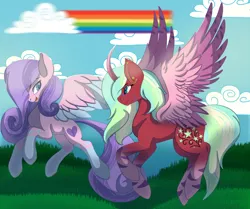 Size: 1280x1069 | Tagged: safe, artist:brybrychan, derpibooru import, oc, unofficial characters only, alicorn, pegasus, pony, alicorn oc, coat markings, colored wings, curved horn, duo, female, horn, image, mare, outdoors, pegasus oc, png, rainbow, socks (coat marking), two toned wings, wings